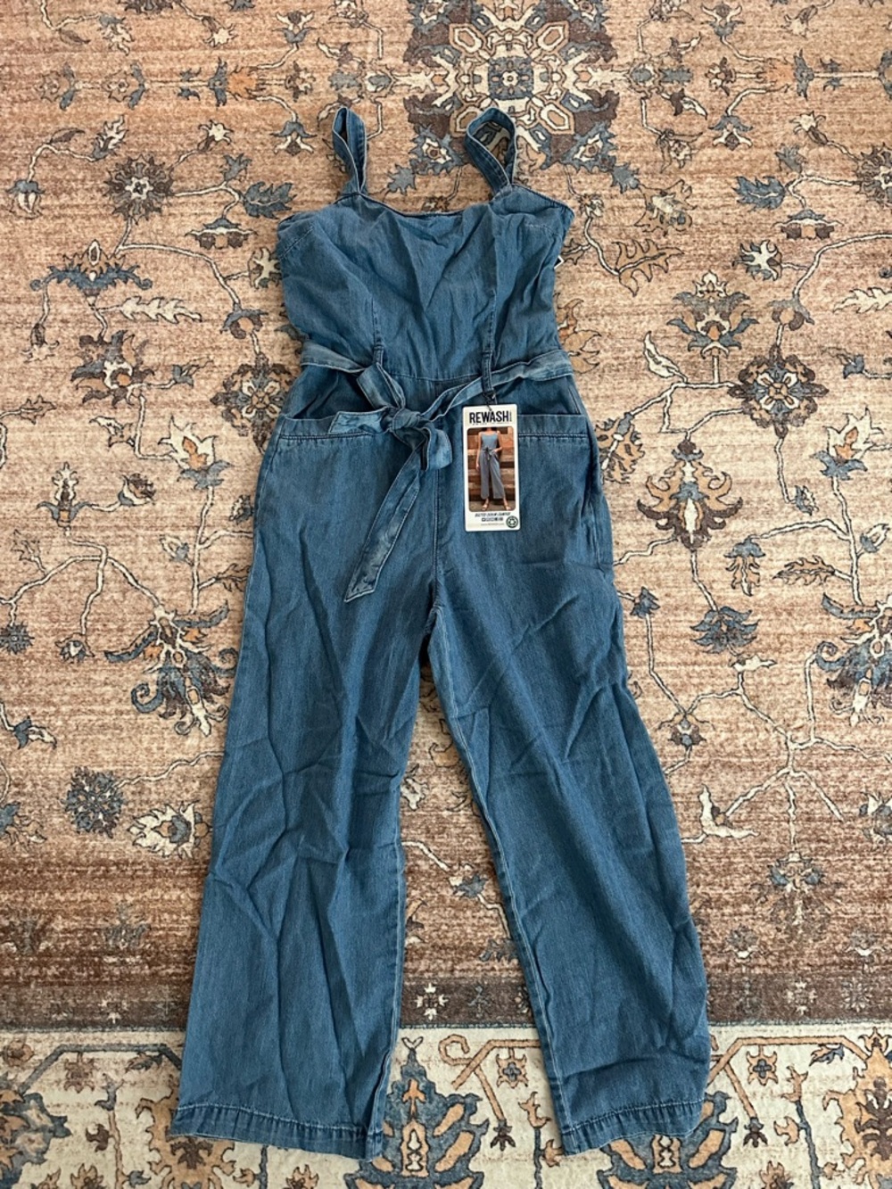 Rewash Denim Blue Wide-Leg Jumpsuit with Tie Waist